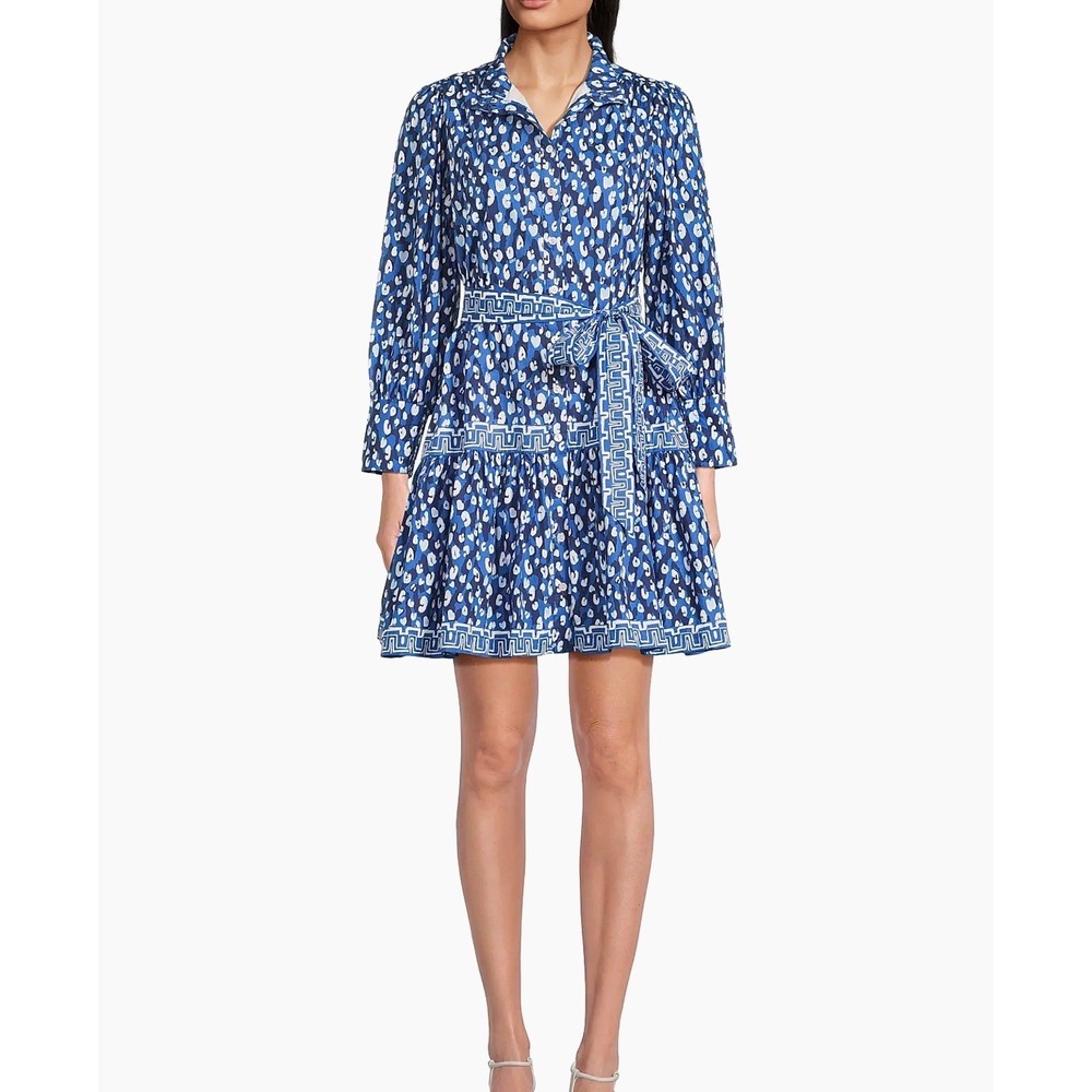 Lilly Pulitzer Drena Dress 12 Blue Leopard Animal Print Tiered Belted Cotton